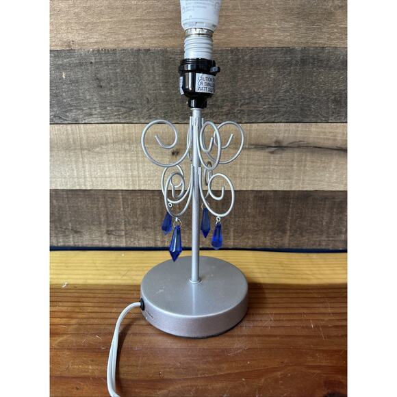 Silver Scroll Lamp With Blue Dangling Prisms - Picture 4 of 6